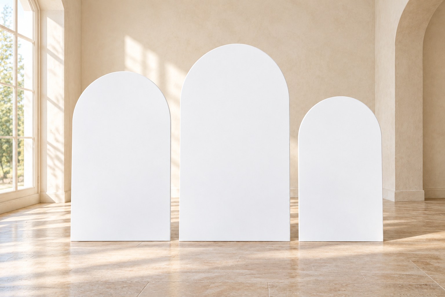 Three white blank arched backdrops in a naturally lit room