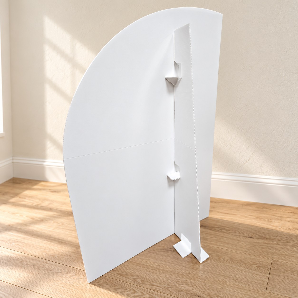 Rear view of a white folding easel-back stand attached to a display board