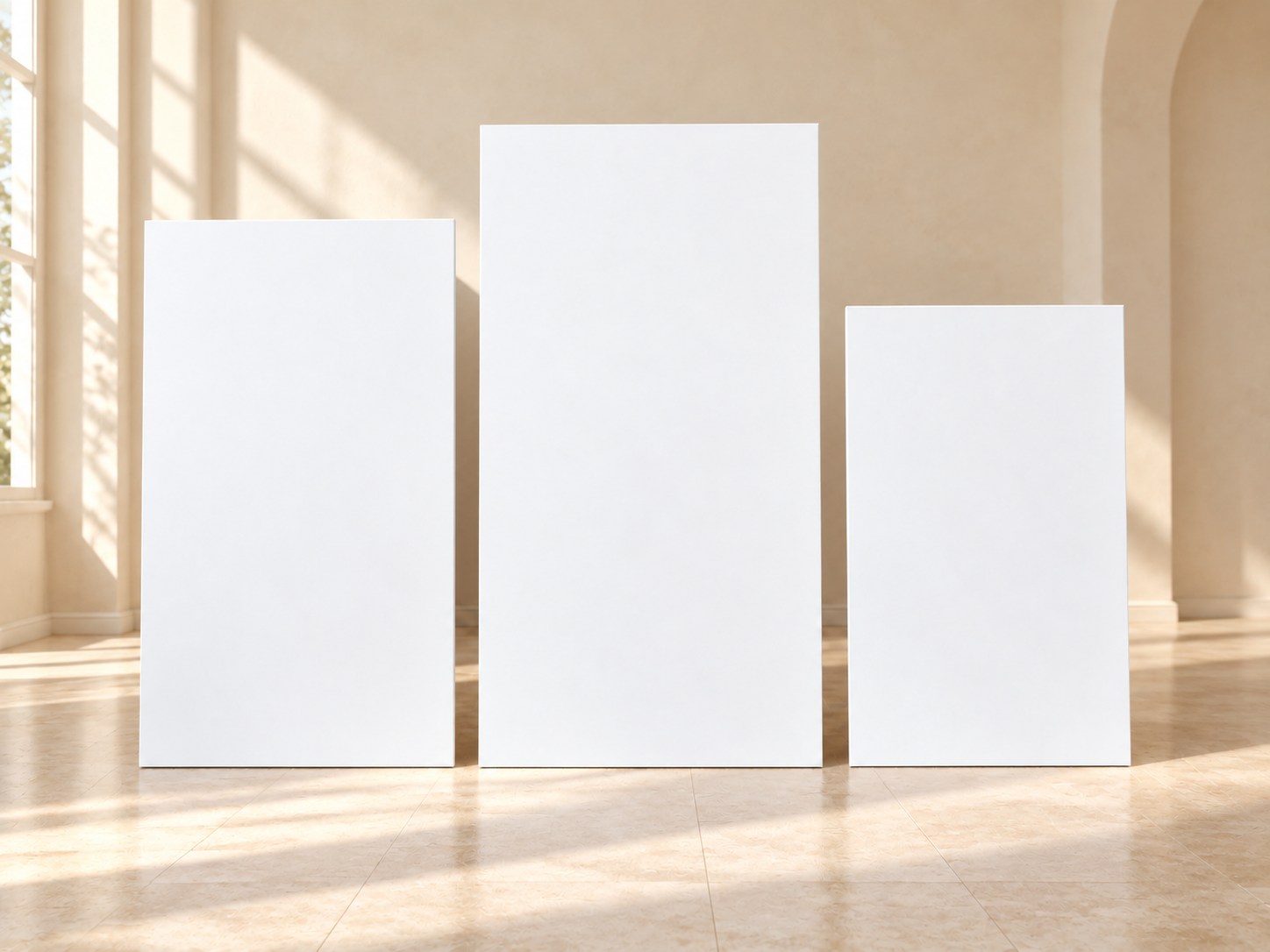 Three blank white rectangular Coroplast backdrop panels in a softly lit room